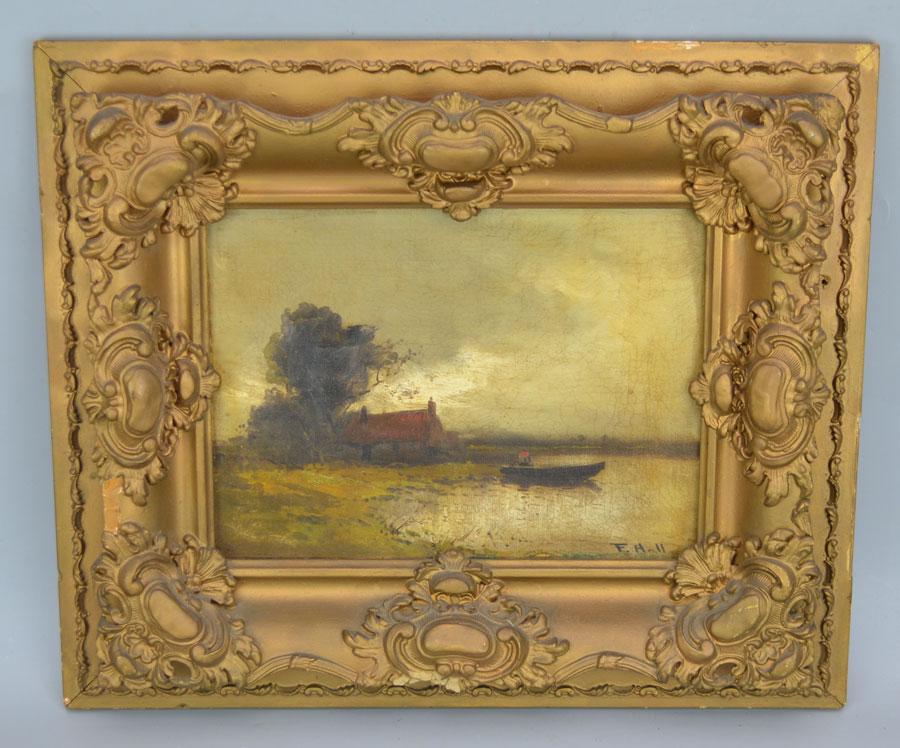 19th Century O/C Signed F. Hall  Boats & Water (1 of 3)