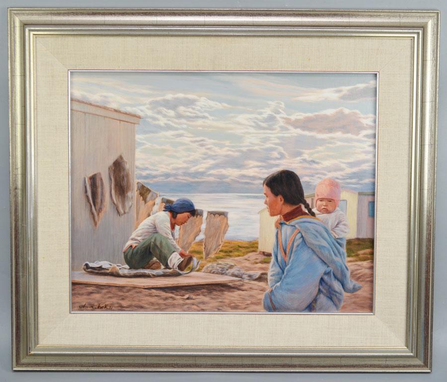 Anna Noeh Signed Inuit Life Original Painting: frame measures 27 1/4" x 23 3/8" . Image sight is 19 3/8" x 15 3/8" .