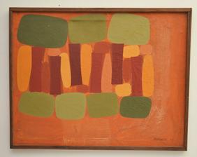Mid Century Modern Borgatta Painting "Carillon" 1957: Re-listed for non payment. "Carillon" 1957. Frame 28.5" x 22.5" image sight: 27.5" x 21.25" Has a few paint flicks, small hole lower left