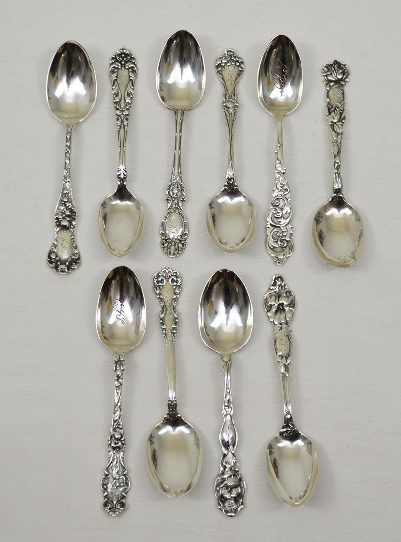 Lot of Antique Art Nouveau Sterling Silver Spoons: Lot includes: R. Wallace & Son, Towle, Alvin, Unger Bros, FM Whiting, & Sheibe. Gross weight is 282.3 grams. They range around 5.75"