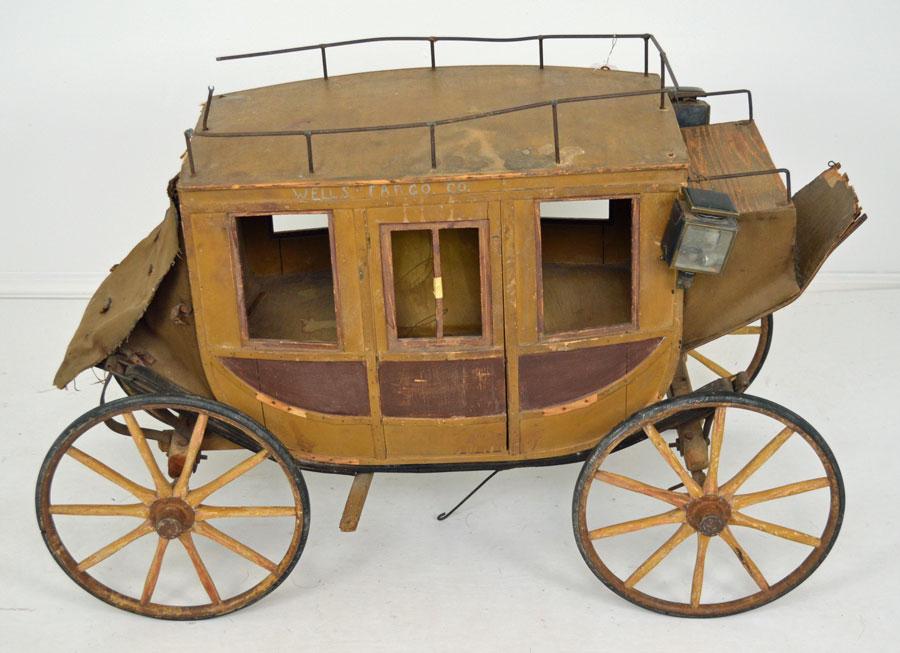 Large Antique Wells Fargo US Mail Stagecoach: Stage coach is approximately 28 1/2" tall. It measures 22 1/2" from front left wheel hub to front right wheel hub. It is approximately 41" long from front of front wheel to back of back wheel. Leather