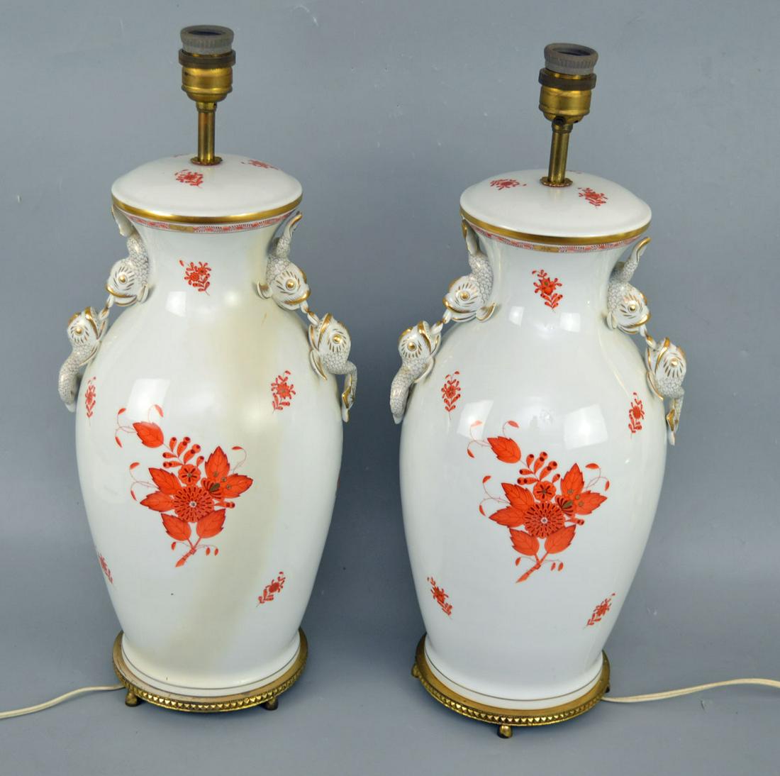 Pair of Herend Chinese Bouquet Porcelain Lamps: These lamps are approximately 21 1/2" tall. There is a repair on one lamp . (see photos).