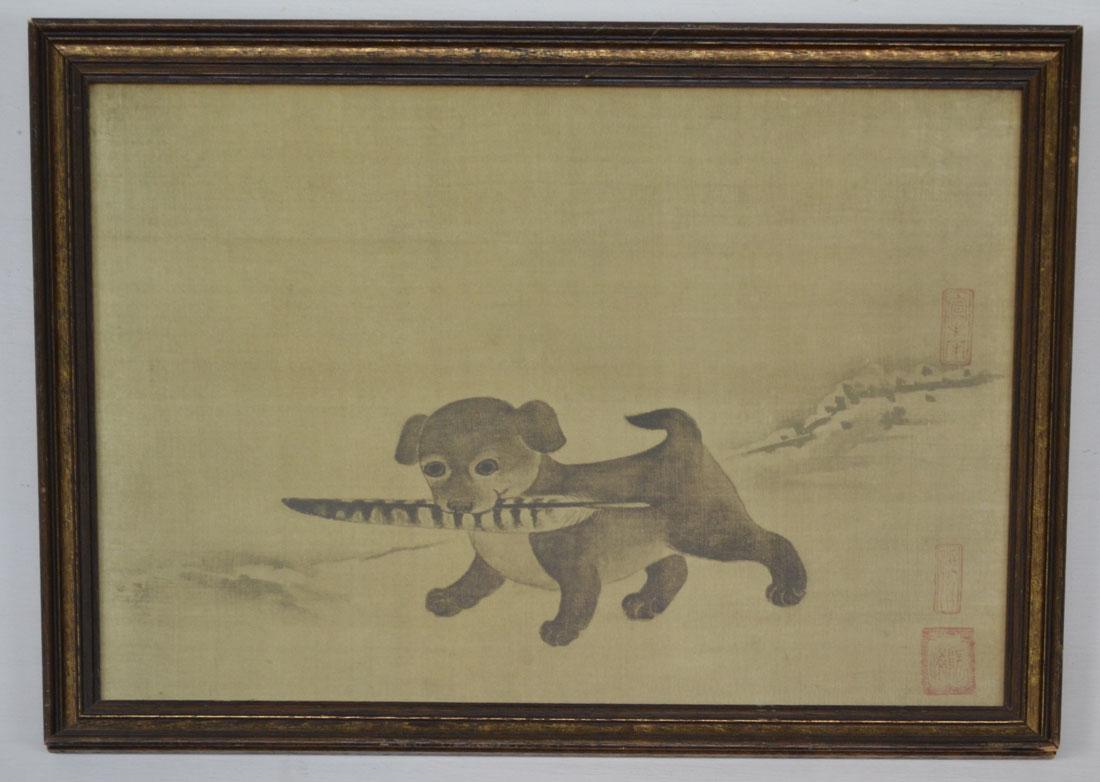 Korean Puppy Carrying Pheasant Feather Print: Frame measures 13 7/8" x 18 5/8" . Image sight measures 16 5/8" x 11 7/8" On the back is a tag marked Philadelphia museum of art, reproduction , Korea LI Dynasty 17c.