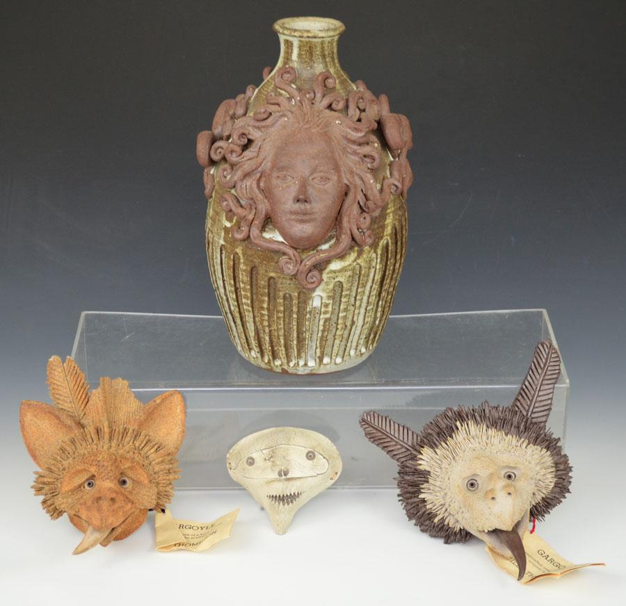 Miles Thompson Pottery Gargoyles w Mt Morrow Vase: The two with the tags by Miles Thompson are made of either terracotta or stoneware clay. The 2 tone one measures 8" tall , 6 3/4" wide and depth is approximately 2 3/4" . The other one with the tag is