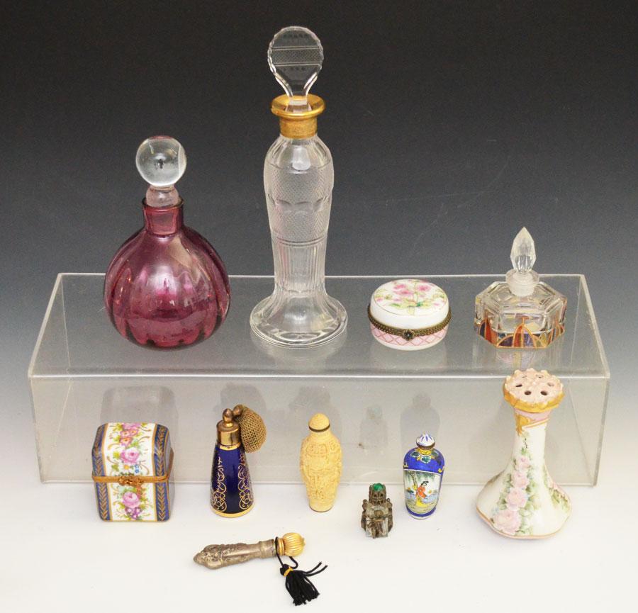 Old Perfume Bottles & Accessories ( Moser, Enamel,: The size of these perfume bottle range from 7" ( the Moser splendid) to 1 5/8" ( the cherubs or angels around glass. Lot also includes a sterling one, pl Limoges France, Limoges France rehausseemain,