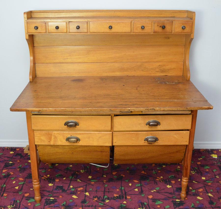 Antique Possum Belly Bakers Table: 50" tall, 48 1/8" long and 27 1/8" deep . In estate found condition with wear due o age.