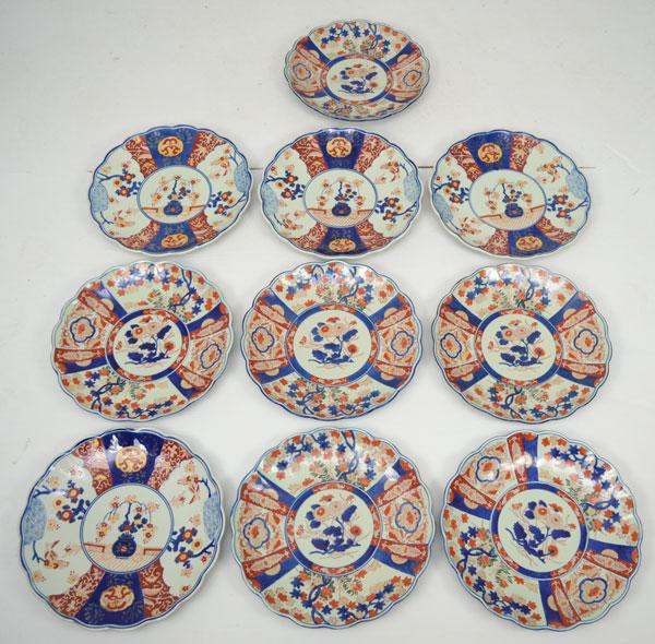 10 Large Decorative Imari Chargers / Plates: These plates / chargers measure approximately 14 1/2" across, and 2 1/8" high. There is some wear from stacking and/ or utensil scratches.