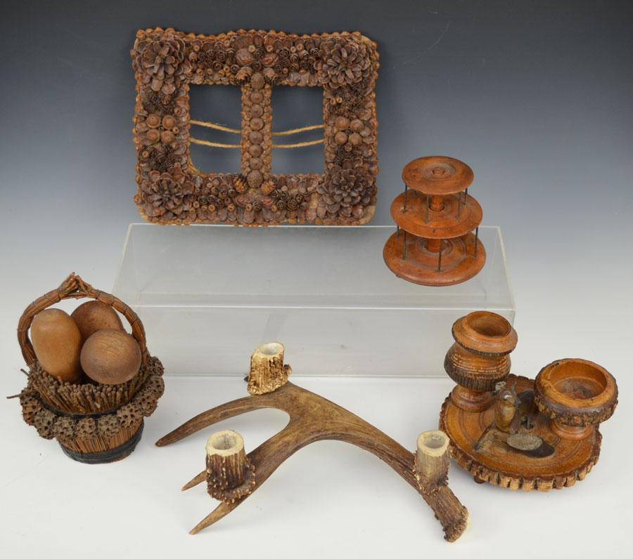 Lot of Country Items (Antler, Thread, Tramp Art, Etc.): frame measures 10 3/4" x 8 1/2" . The antler candleholder is 12 3/4" long. Basket with removable items is approximately 8" tall. Deer with removable cups , might be a little damage to head ? The tier 