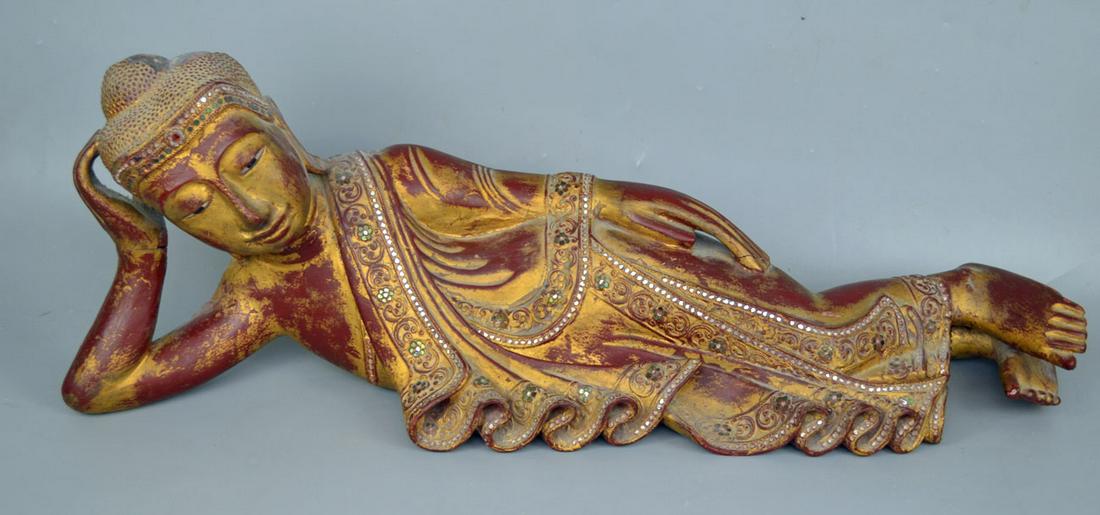Vintage Carved & Gilt Wood Reclining Buddha: Approximately 34" long , and 8" deep. And 12" tall. Has repair to finger, and wear to top of crown ( see photos)