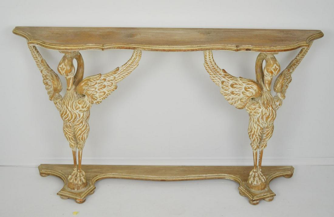 Vintage Carved Wood Swan Head Console Table: This ornate console is 5FT Long. The depth is 14" and it is 32 1/2" tall.
