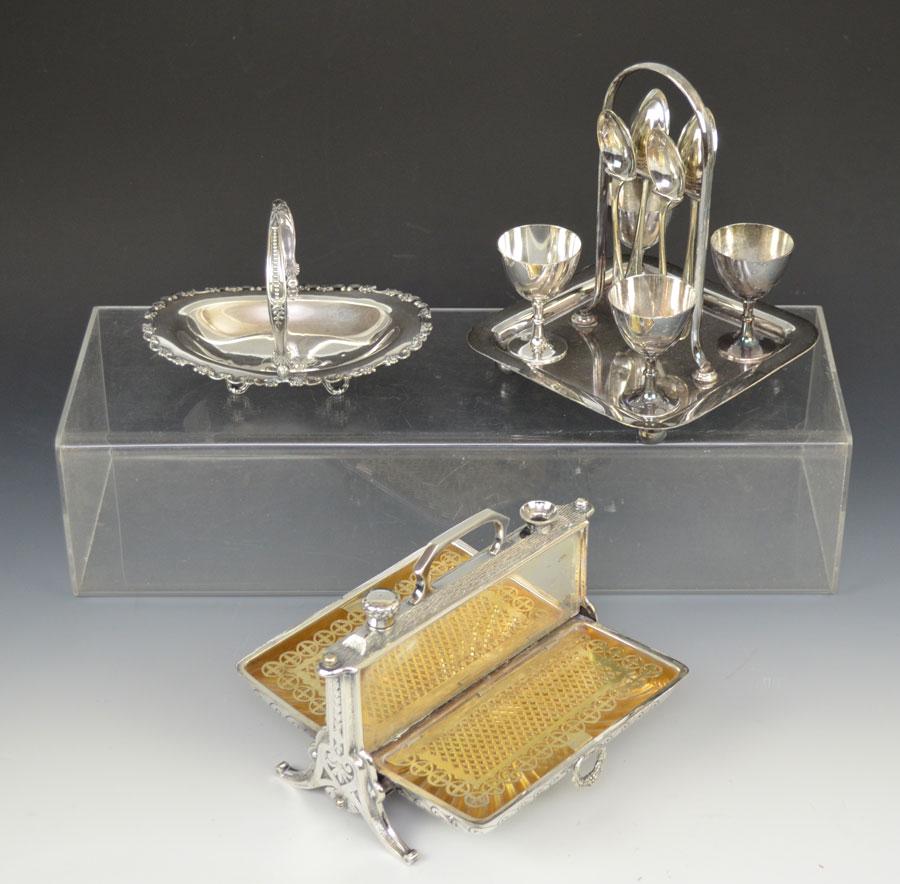 Lot of Silver Plate Accessories w Sterling Basket: The egg cups are 2 1/2" tall. The entire egg cup holder piece is 7 1/8" tall, x 5 7/8" x 5 7/8". ( One peg is loose but still functioning) The basket or candy dish is sterling and measures 6" x 4 1/4"