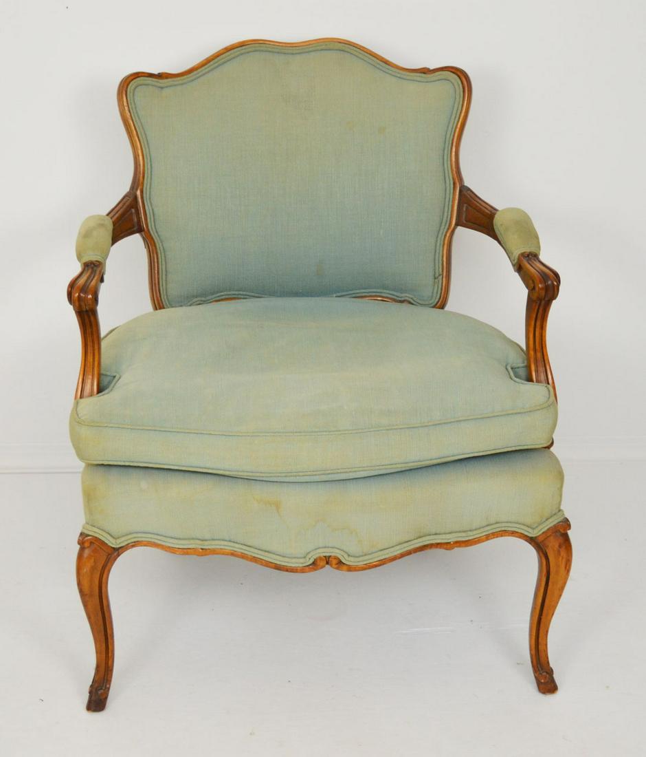 Antique French Children's Bergere Chair: This chair is 28 1/2" tall. 25" long , and the depth is approximately 27 1/2" . In estate found condition with some wear due to age and use.