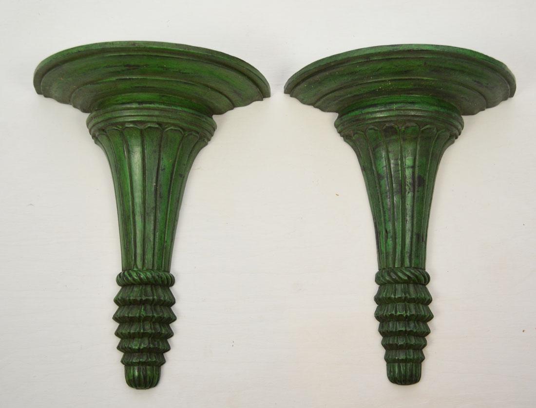 2 Green Carved & Painted Wood Wall Shelves: They measure 19" tall x 15" long x 7 3/8" deep.