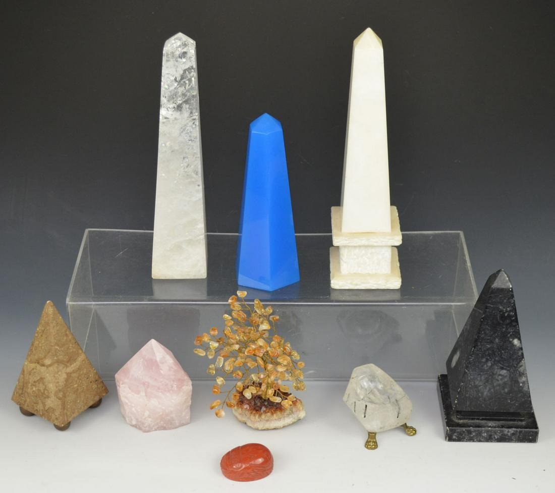 Unique Collection of Obelisks & Stone Objects: There are 6 Obelisks ranging from 3 7/8" to 10 1/2" . The blue one has one tiny chip. The black one has some scratches on corners ( wouldn’t call them chips) small brown one has chip near top. The t