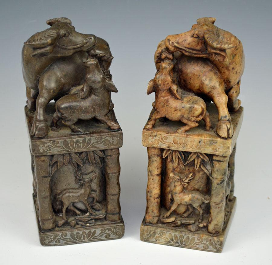Pair of Large Chinese Carved Soapstone Chop Seals: These measure 7 3/4" tall x 3 1/4" length x 3 1/4" width.