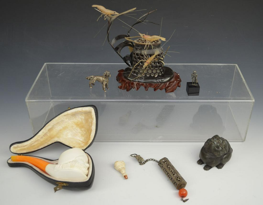 Lot of Antique Chinese & Other Miniature Articles /: Man on base ( 1 7/8" tall)… Hand - (1 1/4" long ) Dog ( 1 1/8" tall) … Inkwell ( 2 1/4" tall) seafood sculpture (5 3/4" tall) Pipe ( 6 1/2" long - out of case) Hanging piece with ball ( 7 1/2" tal