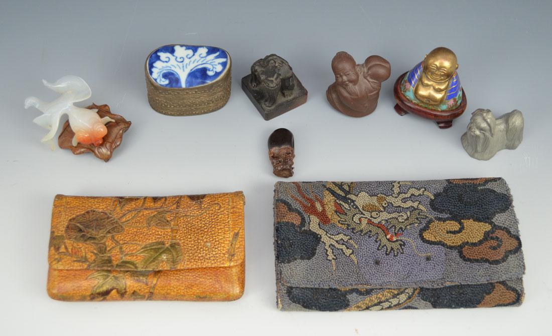 Lot of Chinese Antique Misc. Smalls Lot: wallets measure 5 3/4" x 3 1/4" and 4 1/2" x 2 3/4". Buddha is 2 1/4". Clayman is 1 3/4", trinket box ( 1 1/2")across . There is also some other interesting items.