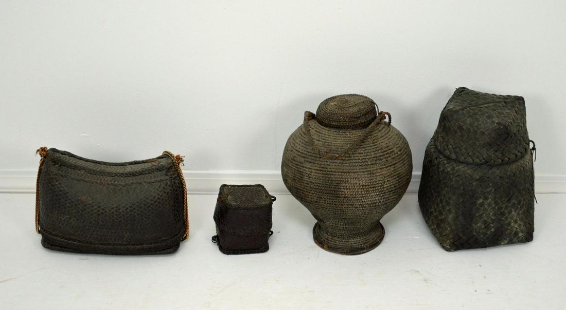 Group of 4 Antique Thai Woven Baskets: These baskets range in size from 4 1/4" to 11 1/2" . In estate found condition with wear due to age.