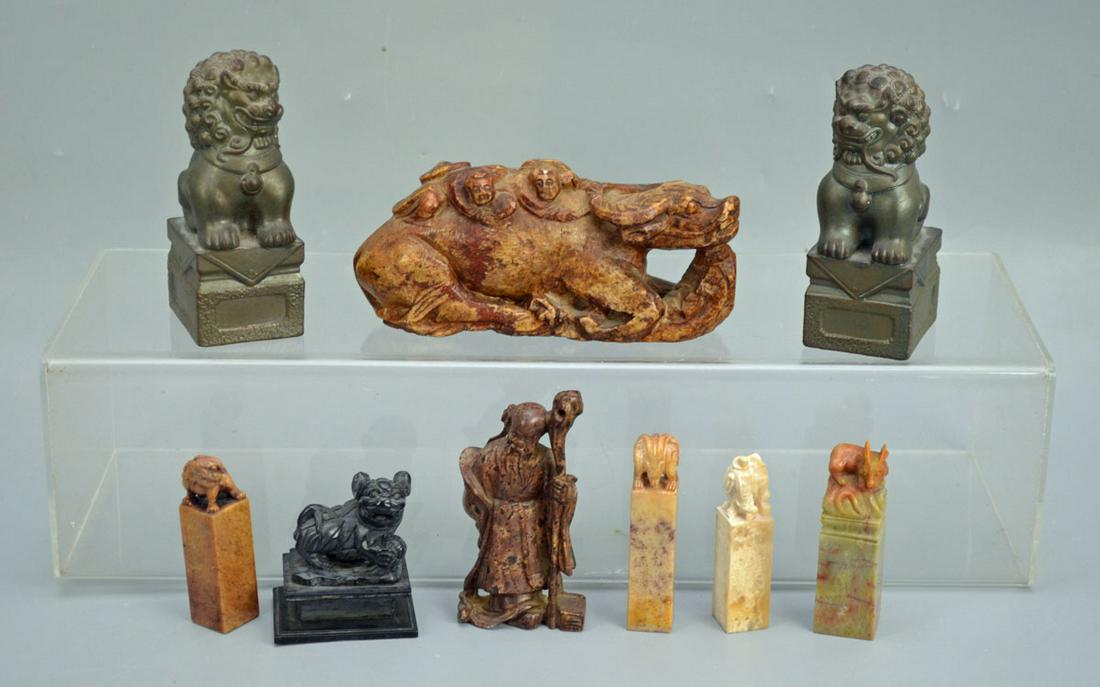 Lot Of Wonderful Soapstone & Other; Seals, Objects: the 2 bigger foo lions ( pottery , clay) are 4 3/4" tall. The stone dragon is 6 1/2" long. The china man is 4" . The 4 skinny seals range from 3" to 3 3/8" tall. The other foo lion is 2 5/8" .