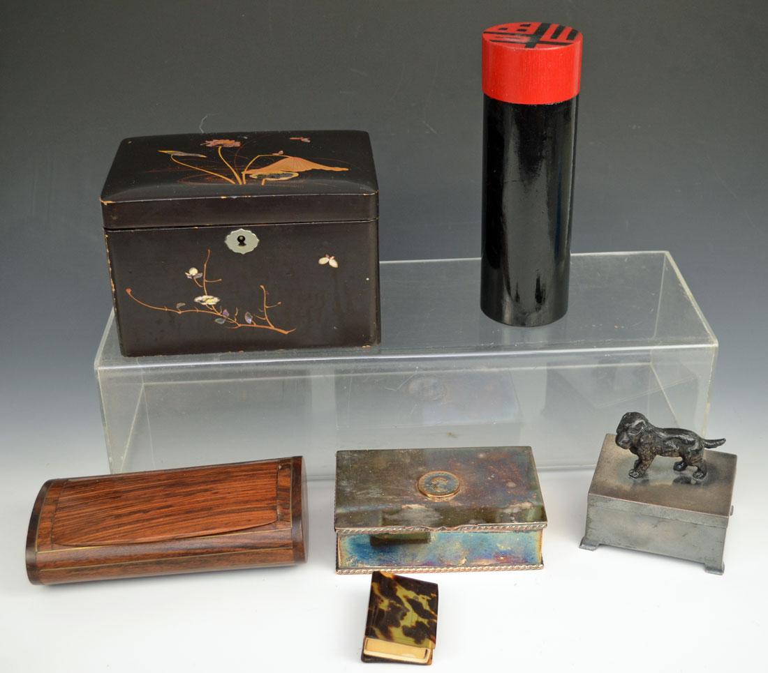 Whimsical Lot Of Vintage Fun Boxes: JB doggie box is 3 3/4" tall. Wooden box is 6 5/8" long. Sheffield English box is 5 1/8 x 3 1/4" x 1 1/4" tall. Also included is a black decorative box, a matchbook holder, Chien tung ( a Chinese fort