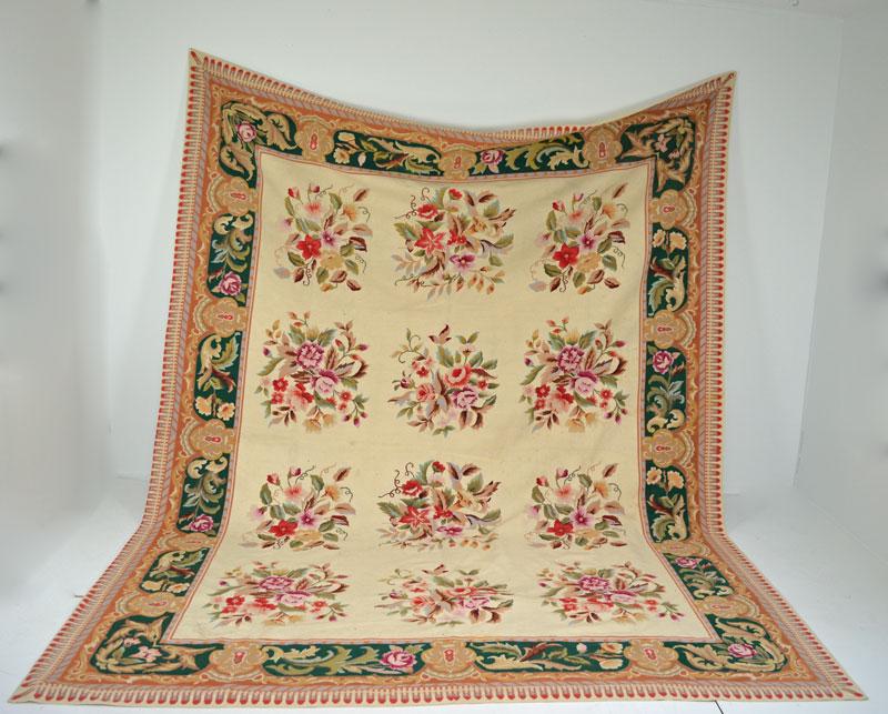 Large Aubusson Carpet / Rug: Approximately 105" x 138 1/2" . Staining. In estate found condition with wear due to age and use. Needs Cleaning.