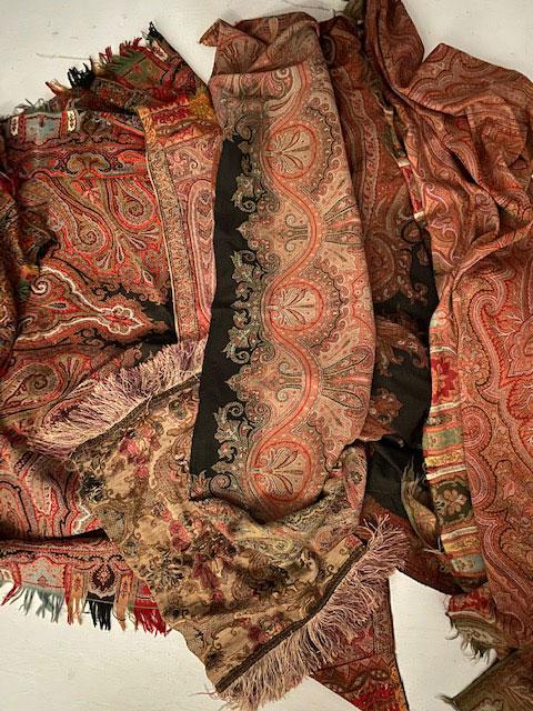 Lot Of Antique As Found Paisleys: Table runners or piano shawls ? 1 is 16 x67" ( cut down from a larger paisley ) Next measures 135" x 66" ( has wear at edge and hole / rip in center) One measures 30" x 16" with fringes ( holes throug