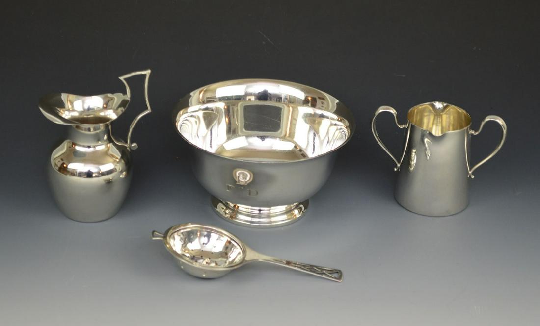Nice sterling Silver Table Top Accessories: Jewelry lots must be paid for by check or wire transfer unless you are known to us. Gross weight 398.8 grams...Lot includes a Bowl ( Shreve crump & low Co. exemplar Paul revere 2 3/4" tall and 5 1/4"