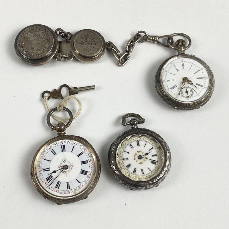 Vintage Lot Of Sterling & 800 Silver Pocket Watches: Jewelry lots must be paid for by check or wire transfer unless you are known to us. The first one is marked 10k with British hallmarks with key and it ticks, but not checked for accuracy, etc. and is 