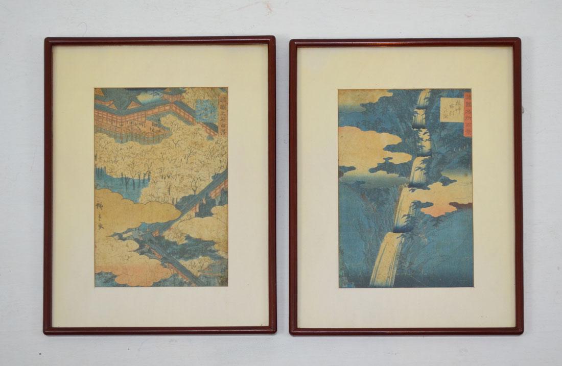 2 Japanese Woodblock Prints: One is Utagawa Hiroshige II Waterfall of Nunobiki, the other is unknown. Frames: 18.5" x 13.75" image sight: 8" x 12.5". Light fading, some spotting on matting of waterfalls