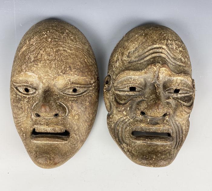 2 Carved Wood Japanese Noh Masks (1 of 4)