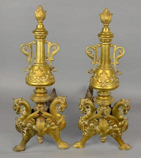 Pair of Ornate Bronze Griffon Andirons: Andirons are approximately 24 1/2" tall , 10 1/2" long and approximately 23" deep. Handles are a little loose.
