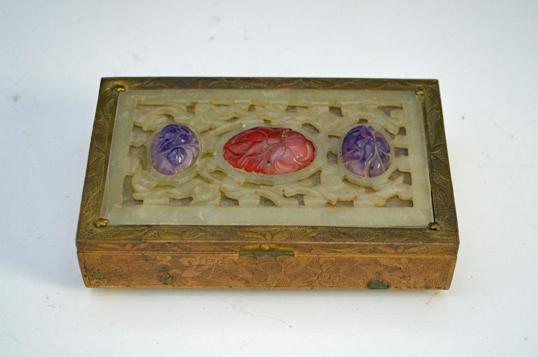 Charming Chinese Jade, Carnelian & Amethyst Brass Box: Box measures 4 3/4" wide, 3" deep and 1 1/16" tall.