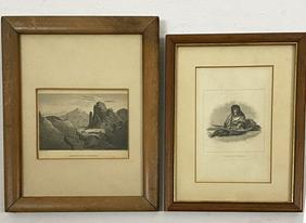 2 Petite Signed Miniature Lithographs: American scenery( frame measures 9 1/4" x 7 1/4". Image sight is 4 1/4" x 3 1/4" ). The snow shoe ( frame measures 8 3/8" x 6 3/8" . Image sight is 5 1/2" x 3 1/2" . In estate found condition