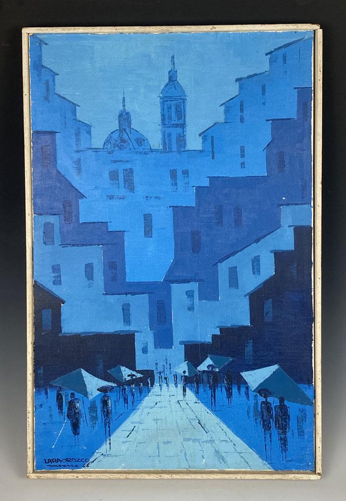 The Best MCM Blue Cityscape Painting Signed Lara Orozco (1 of 6)