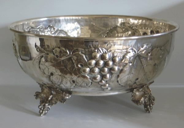 Large Italian Antique Sterling Silver Repousse Bowl: Measures 6 1/2" high x 12 1/2" wide . Signed Cesselato de mano with many other hallmarks