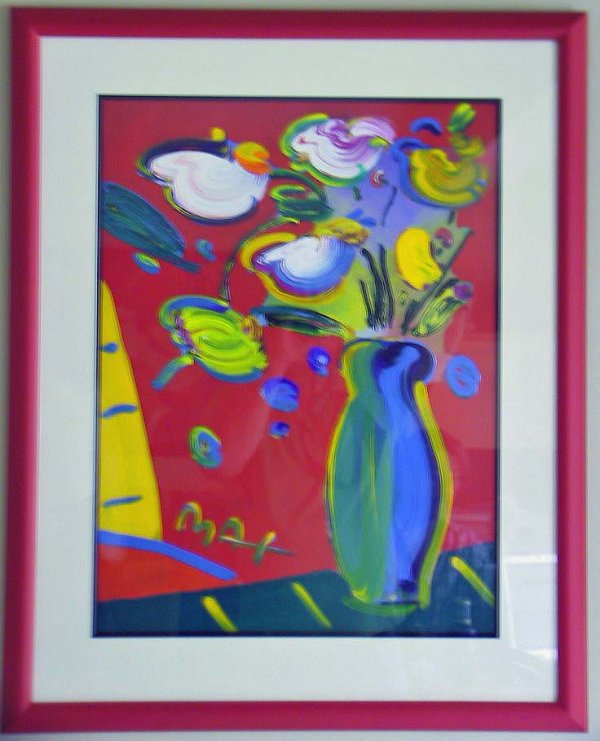 Mix Media Vase Of Flowers Signed Max ( Peter Max): This wonderful original Peter Max Painting measures 24" x 17 3/4". The frame measures 32" x 26" in very good condition