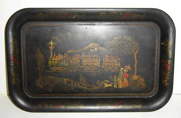2 Vintage Tole Trays with Locomotive Scenes: 2 Vintage Tole Trays with Locomotive Scenes