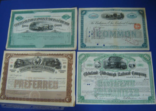 11 Vintage Railroad Stocks: Gulf, mobile and Ohio R.R. Co. February 18, 1944. Baltimore and Ohio preferred stock trust certificate December 11, 1900. The Baltimore and Ohio R.R. Co. November 29, 1901, (2) Choctaw and Memphis R.R