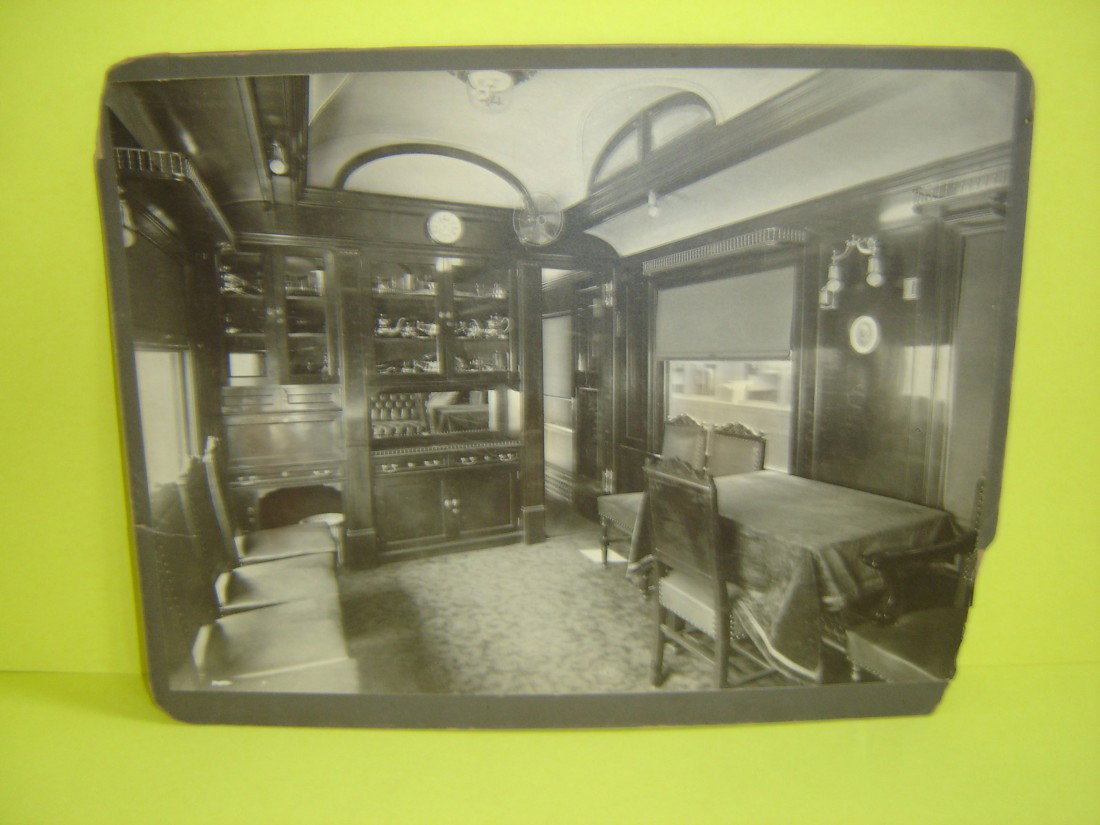Vintage Photograph Interrior Of Coach car: car appears to be of style built about 1901. It has both electric and pintsch gas lighting. It is not a very ornate car for a private Pullman coach.