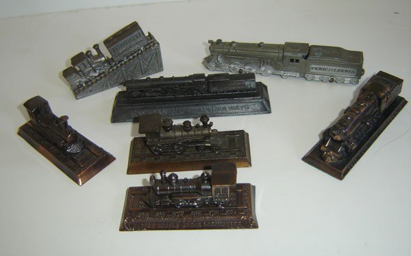 Lot Of Vintage Railroad Paperweight's: 1877 Hudson double-ender locomotive, choo-choo barn Trantown, USA, Canadian National railways, 1876 Ten wheeled freight locomotive, eight wheeled American locomotive 1874, Pennsylvania, The Philip E. 