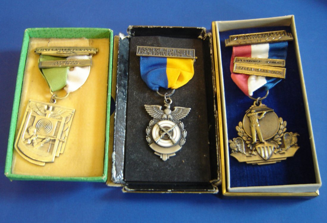 3 Vintage Rifle ASSN. Medals: 1.) ASSN of N.J. Rifle & Pistol Clubs. .30 CAL. Aggregate. 2.) 19 National Rifle 55 Association sectional match expert class 2 nd. V.H. Blackinton & Co., Inc. Attleboro Falls, Mass. 3.) Silver City gu