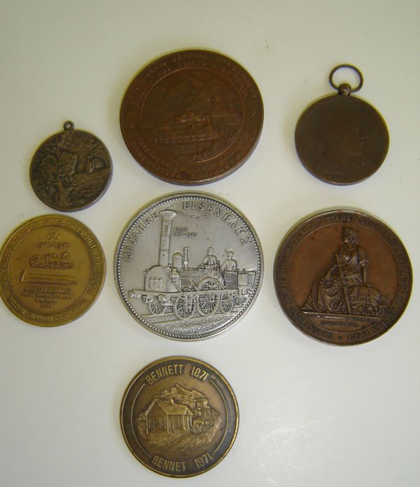 14 Antique Coins: Spiel Marken Eisenbahn Lauer F., 1983 banco National De Cuba 1 peso., Eidg. Schutzenfest bern 1885, 150 Hahre Eisenbahn Adler 1835-1985, Ferro Carril Central Transandino 1870, Inauguracion Del ferro c