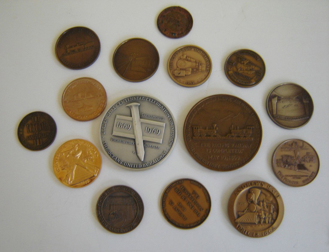 Lot Of 15 Railroad Coins: Captain William A Fuller Andrews raid April 12, 1862. Britt, Iowa Centennial 1878-1978. Transcontinental railroad 1869 1895 North Adams, Mass. Hoosac Tunnel Strasburg, Colorado Pacific Atlantic 1870-1