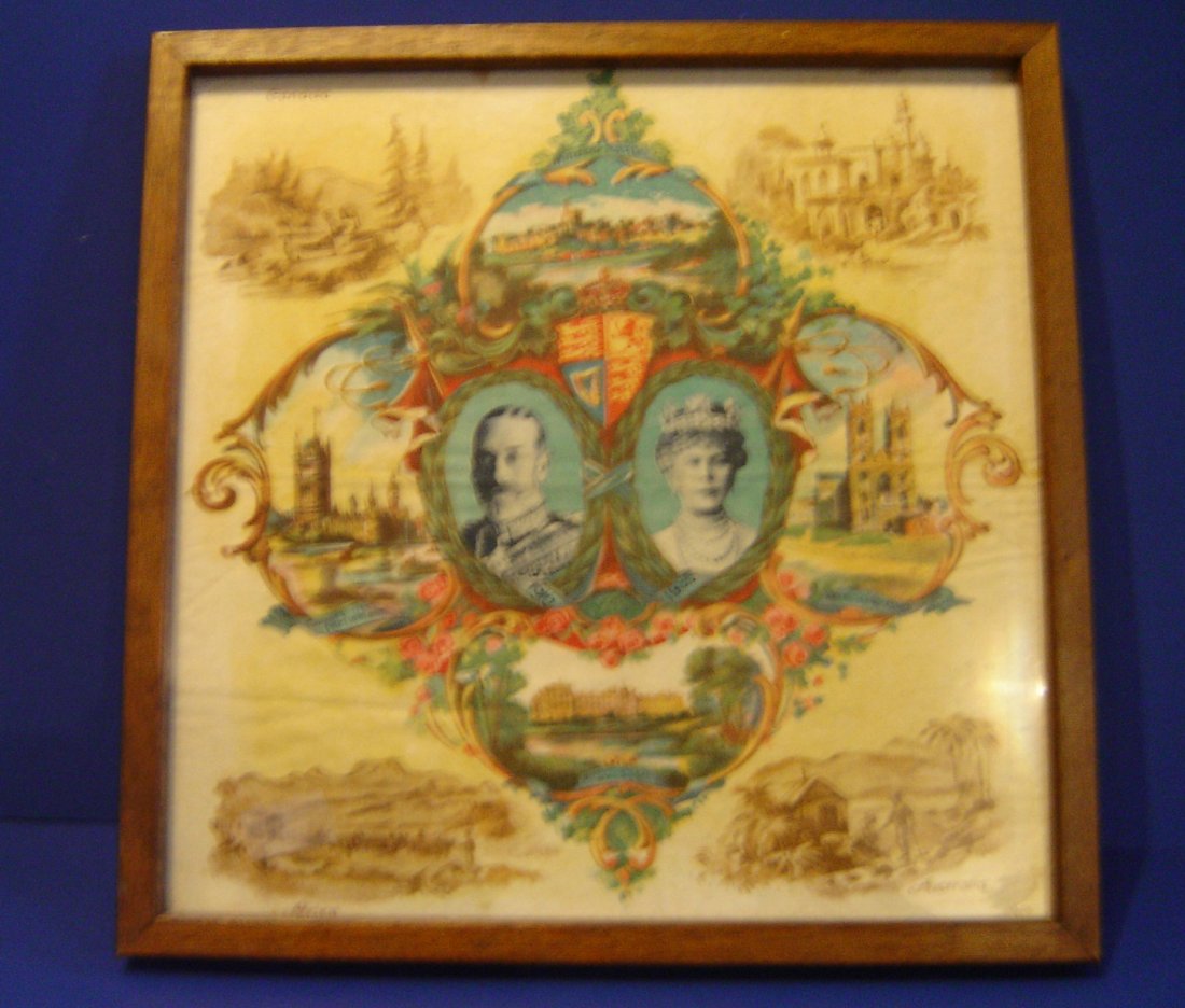 2 Antique British Royal Souvenir Items: Several royal landmark photo framed it measure's 13 3/4 x 13 7/8 picture measures 12 1/2 x 12 1/2. On cloth this photo reads "the longest reign on record Queen Victoria" 1897 framed it measures 14 1/2