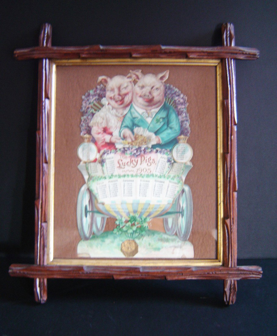 Vintage 1905 Calender The Lucky Pigs: Vintage 1905 Calendar. The Lucky Pigs. Framed it measure's 13 3/4 x 11 3/4 unframed it measures 11 1/4 x 6 3/4.