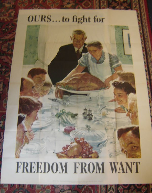 Vintage Norman Rockwell World War 2 Poster 1943: "Ours...to fight for freedom from want". 56 x 39 3/4.