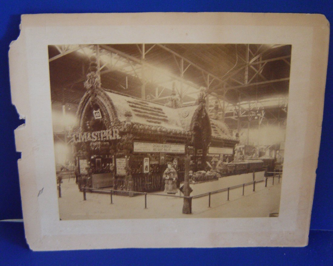 1885 CM & St. P.R.R. Station: 1885 CM & St. P.R.R. Station. Chicago, Milwaukee and St. Paul railroad exhibition booth, probably at the New Orleans exposition of 1885.