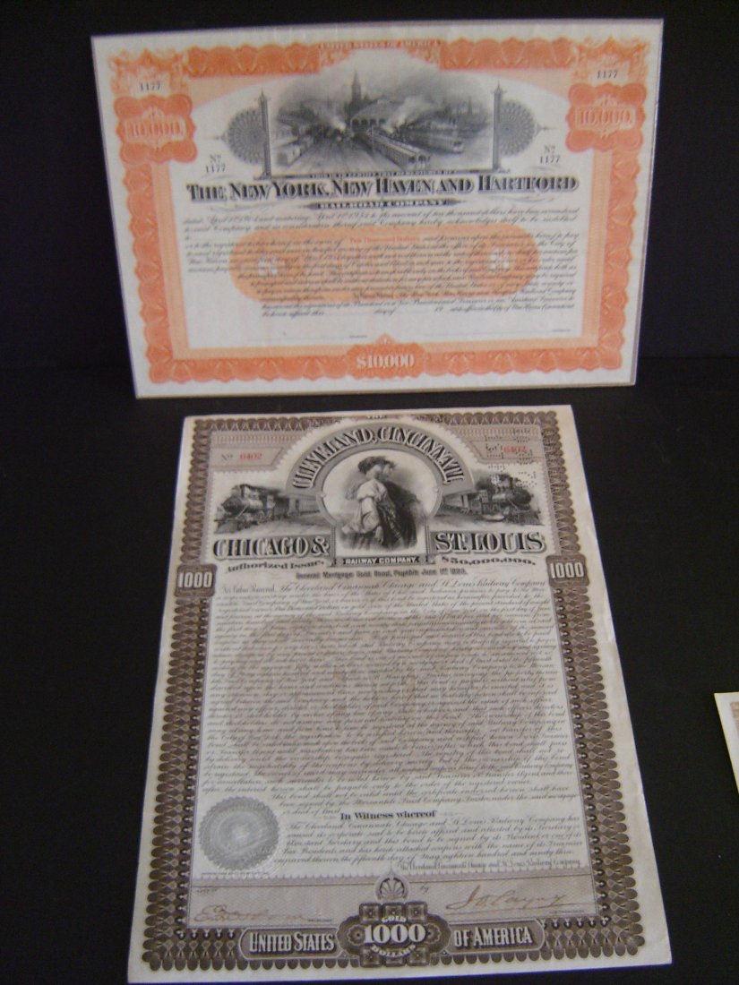Lot Of 5 Vintage Railroad Stocks: 1.) 1955 NY, Ontario, and Western railway company. 2.) 1900's St. Paul Des Moines railroad company. 3.) Cleveland, Cincinnati, Chicago & St. Louis 1993. 4.) New Haven and Northampton 5.) NY, New Haven