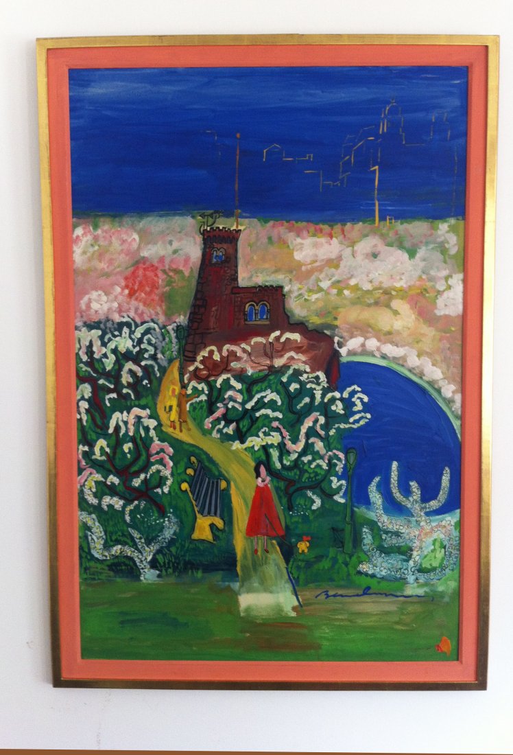O/B " Castle in Central Park" Ludwig Bemelman:: The picture measures 39.5 x 25.5 and framed it measures 43 x 29.5