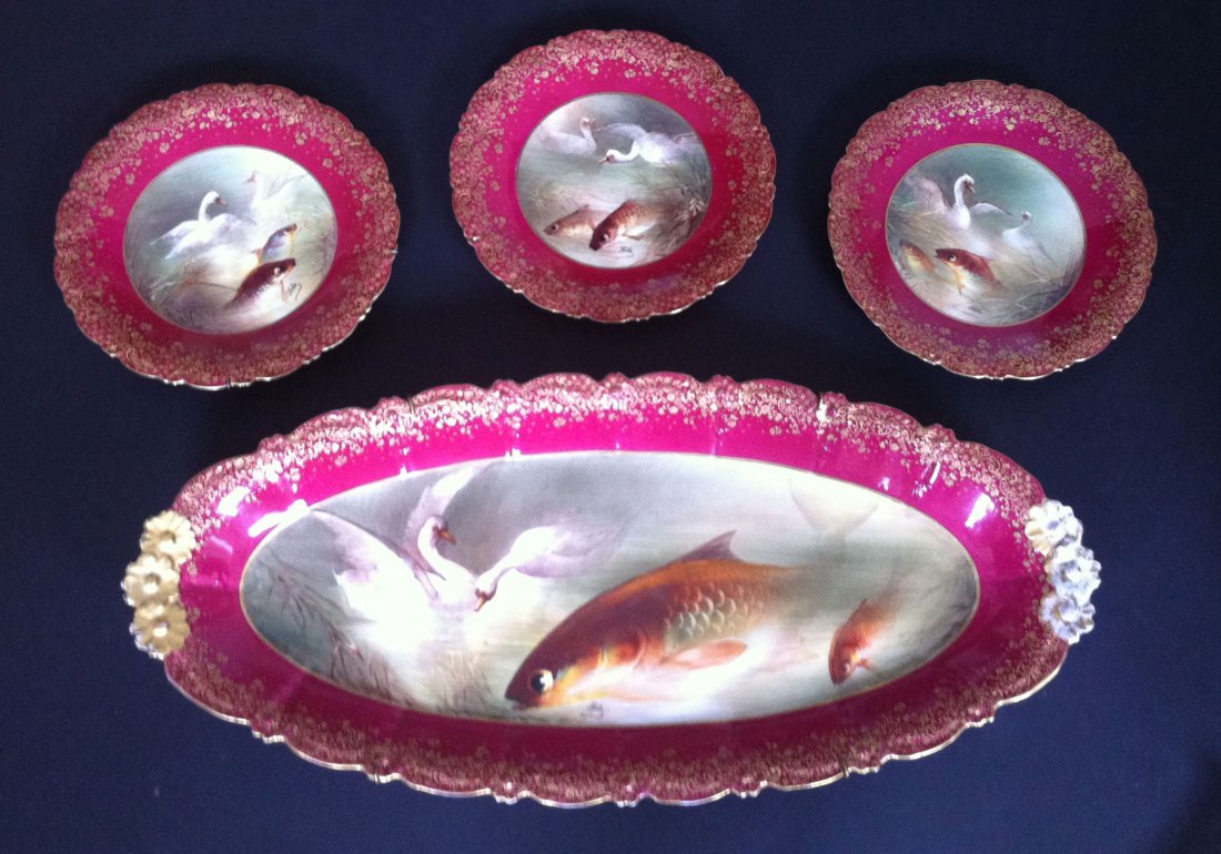 Extrordinary Limoges Artist Signed Fish Set: Extrordinary Limoges Artist Signed Fish Set incuding platter and 12 plates
